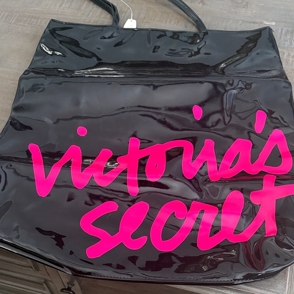 Victoria's Secret Glossy Black Tote with Pink Logo